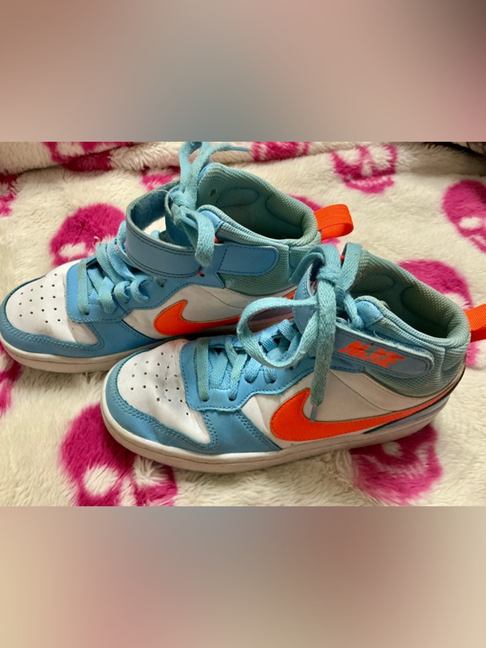 Nike Kids Light Blue and Orange High-Top Sneakers with Swoosh